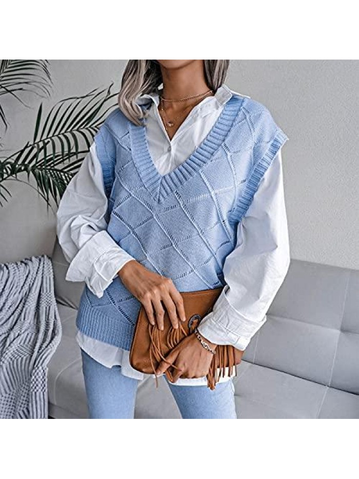 Women Argyle Sweater Vest with Shirt Trendy V Neck Hollow Crop Knit Vest Fashion Sleeveless Solid Color Sweater Vest 