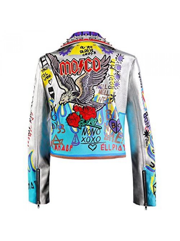 Women's Faux Leather PU Jacket, Graffiti Studded Rivet Punk Biker Moto Fashion Coat with Long Sleeve 