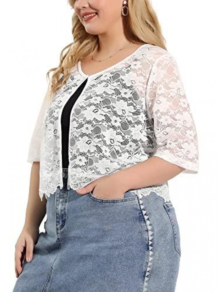 Orinda Plus Size Shrug Top for Women 1/2 Sleeve Floral Lace Kimono Open Front Sheer Shrug Tops Valentine Day 