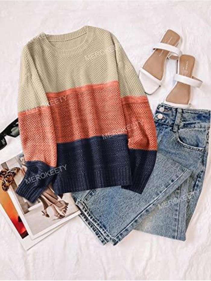 Women's Crew Neck Long Sleeve Color Block Knit Sweater Casual Pullover Jumper Tops 