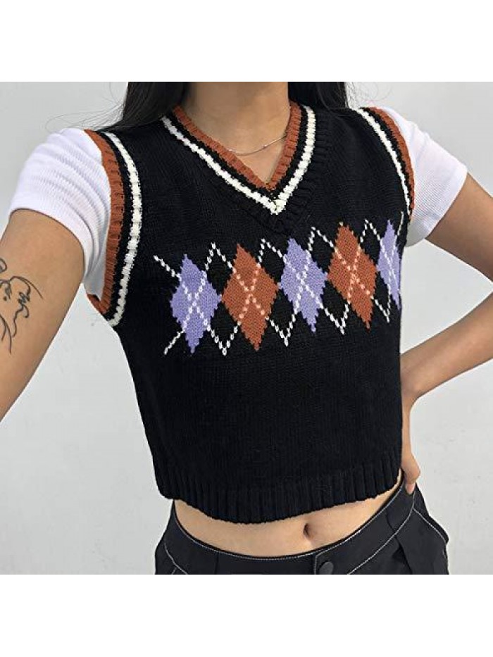 Sleeveless Knitted Sweater Vest Streetwear Preppy Style Knitwear V Neck Argyle Plaid Tank Top 
