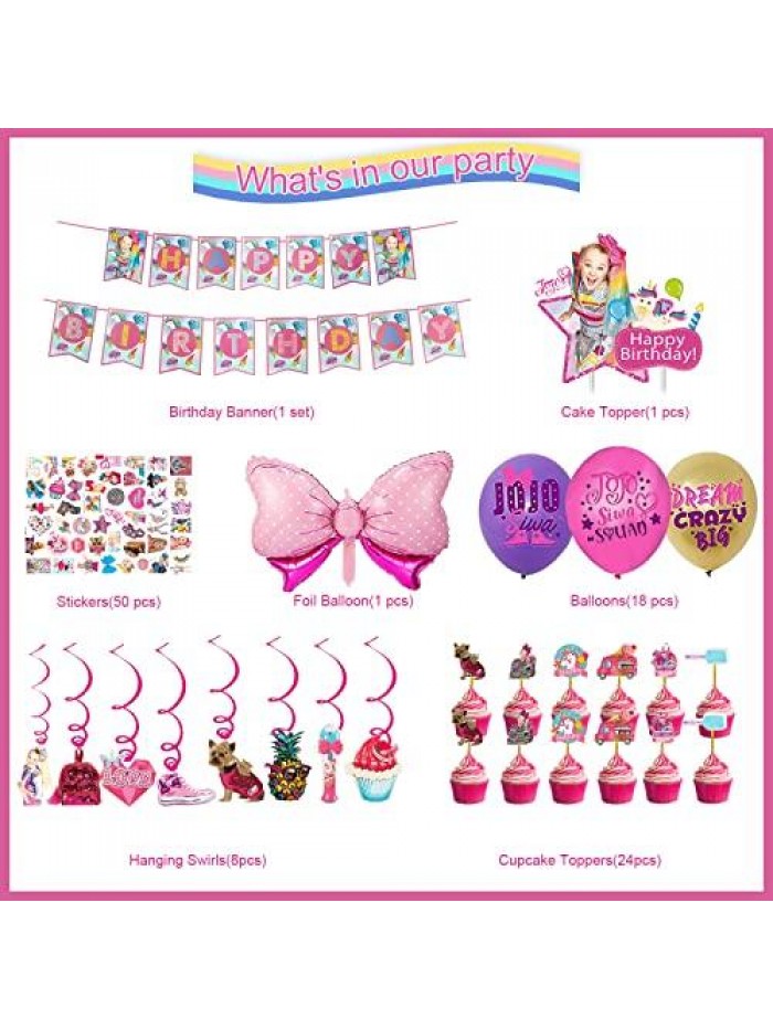 103 PCS JoJo Siwa Birthday Party Supplies Included Birthday Banner, Hanging Swirls, Cake topper, Cupcake toppers, Balloons, Foil Balloon,Stickers Birthday Party Decorations for Girls