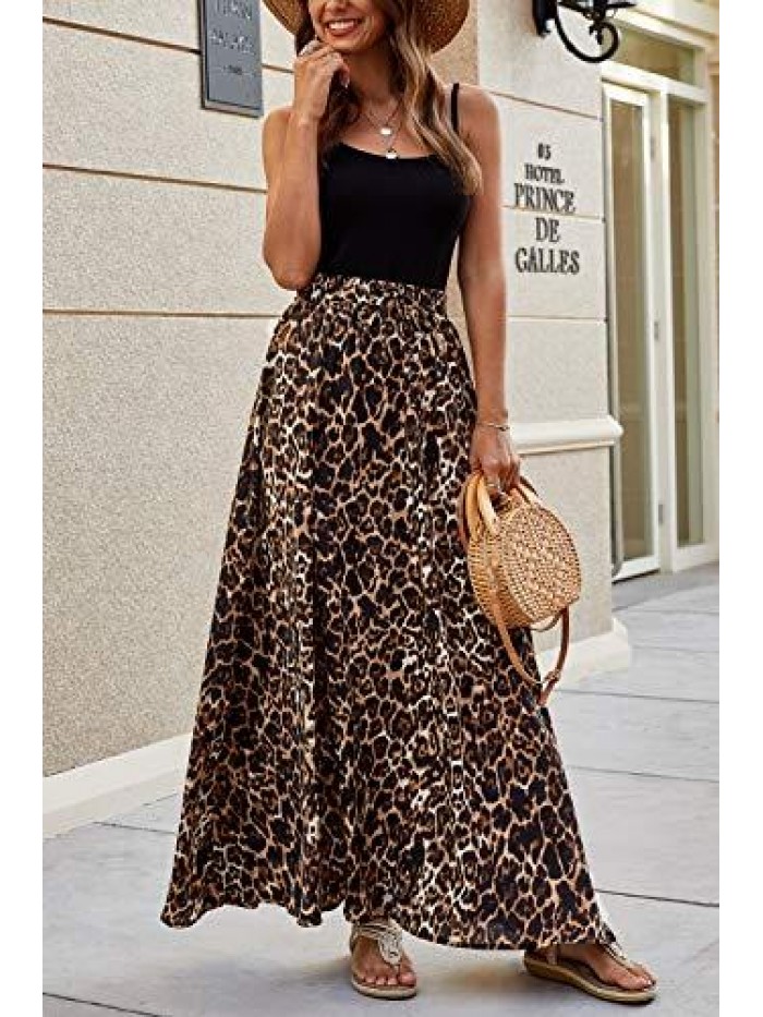 Women Leopard Print Long Skirts Chiffon Summer Beach Pleated Elastic High Waisted Maxi Skirts 