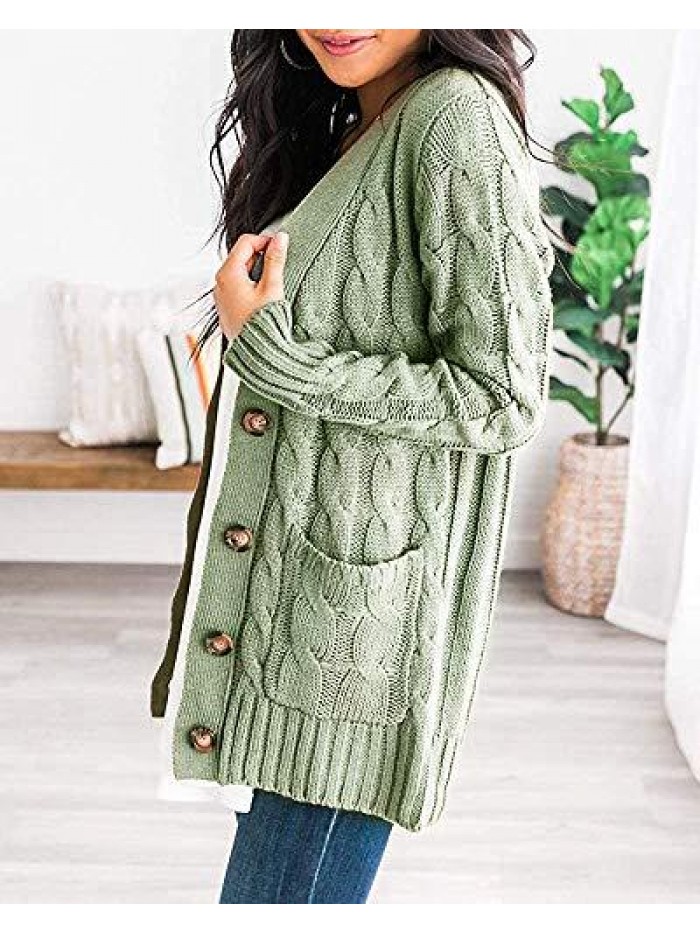 Womens Plus Size Button Down Long Sleeve Cardigan Sweaters Open Front Chunky Cable Knit Loose Outwear with Pockets 