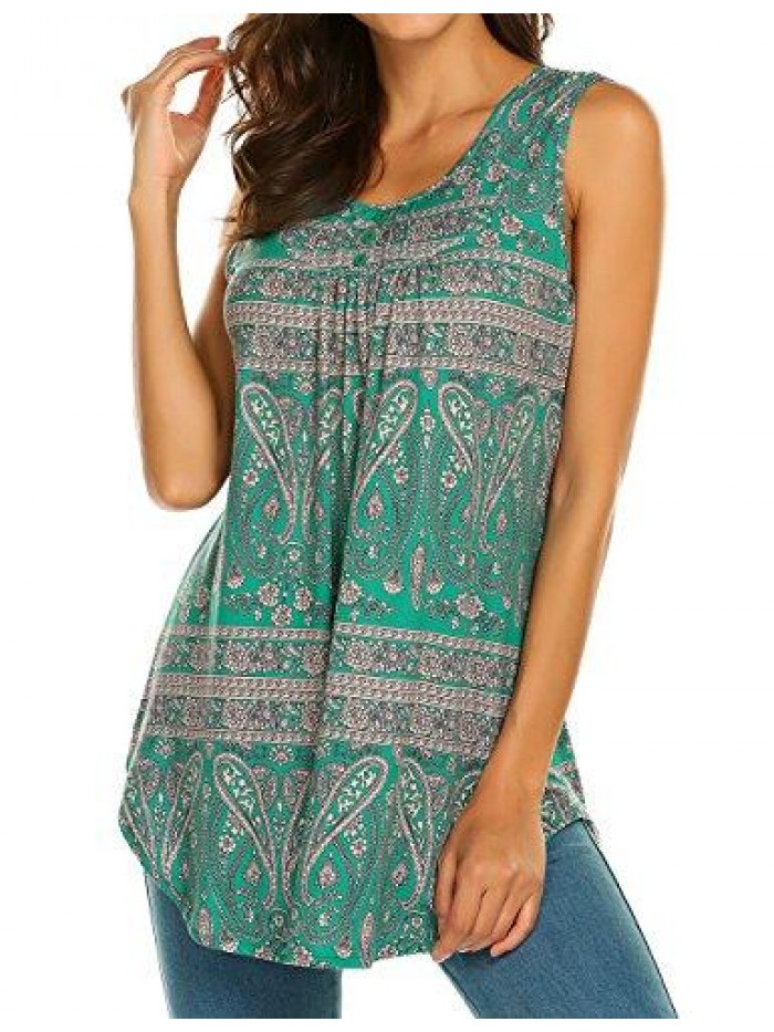 Women's Paisley Printed Pleated Sleeveless Blouse Shirt Casual Flare Tunic Tank Top 