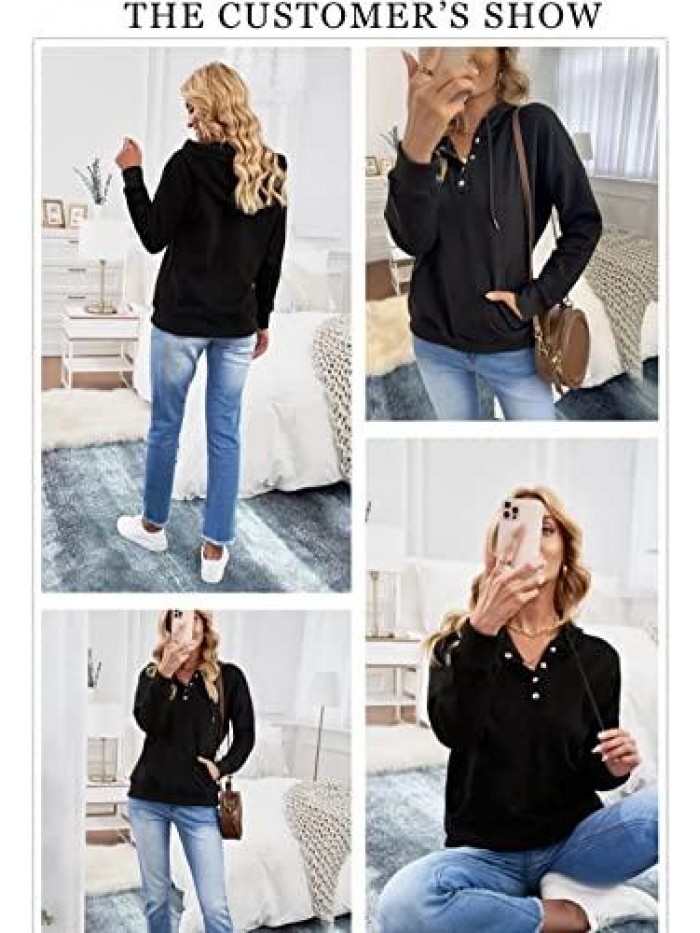 Womens Casual Button Collar Drawstring Long Sleeve Hoodies Pullover Sweatshirts Hooded Tops 