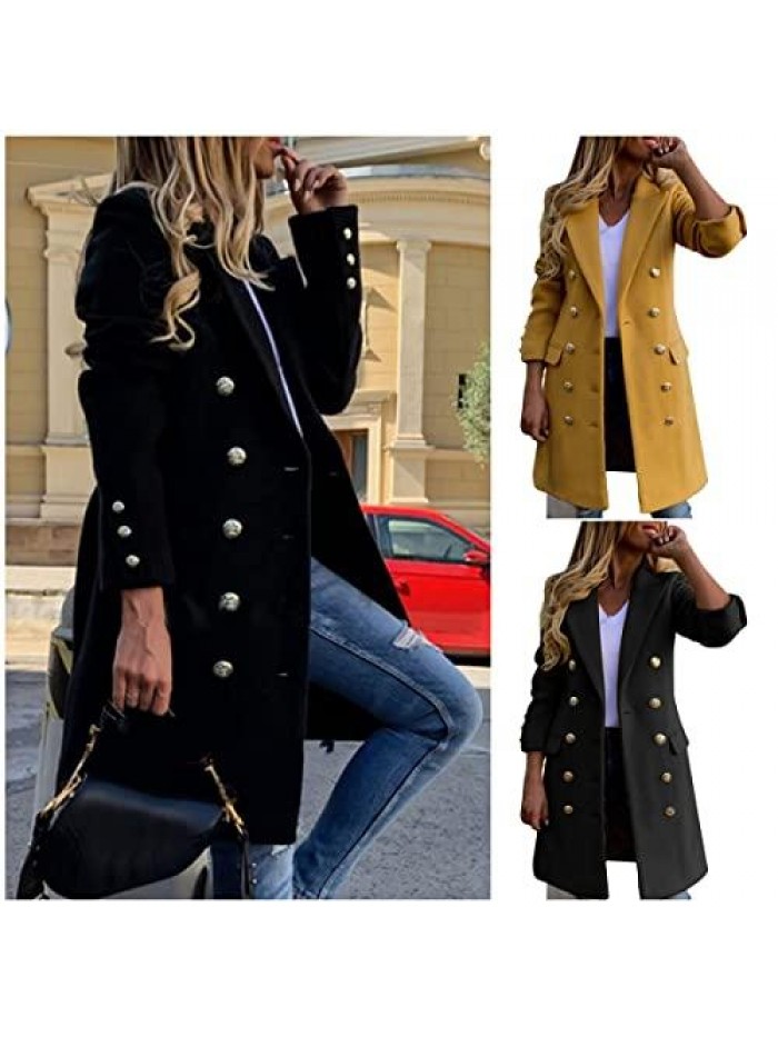 Women's Wool Blend Long Coat Notched Lapel Single Breasted Winter Oversized Outwear Pea Coats with Belted 