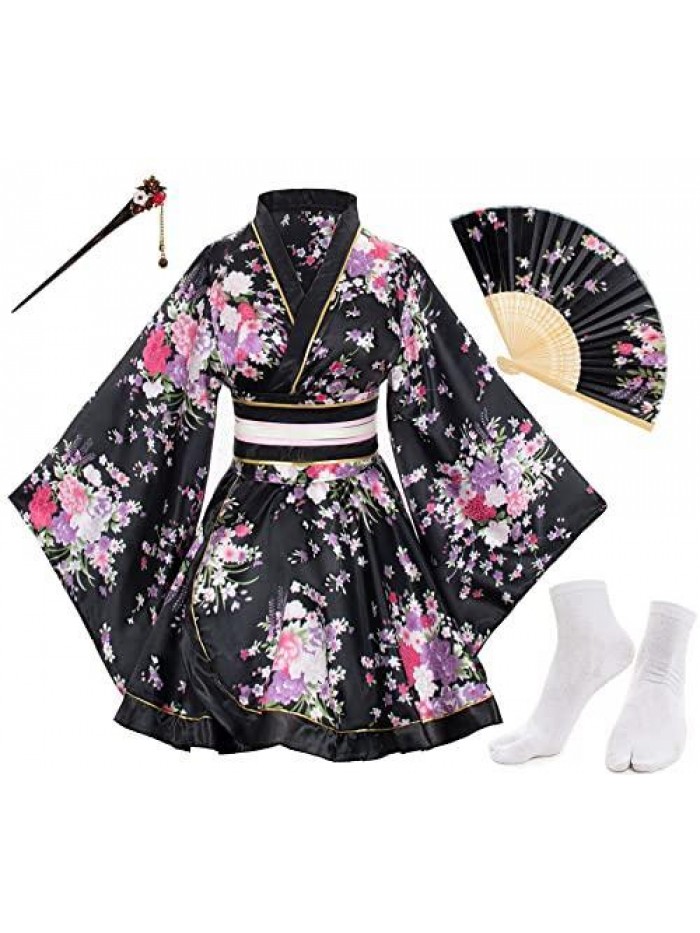Anime Women's Dance Kimono Robe Fancy Dress Hand Held Silk Folding Fans Tabi Hairstick Socks Set 