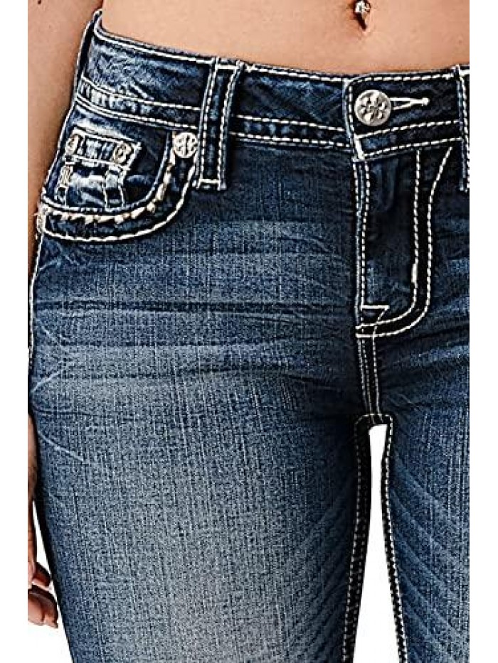 Me Women's Mid-Rise Skinny Jeans with Faux Flap Border Stitch and Pinch Yoke 