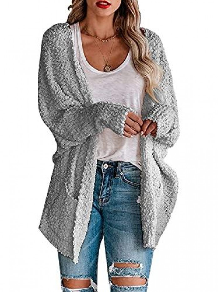 Womens Open Front Fuzzy Cardigan Sweaters Batwing Sleeve Lightweight Oversized Loose Knit Sweater with Pockets 