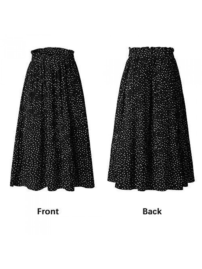 Womens High Waist Polka Dot Pleated Skirt Midi Swing Skirt with Pockets 