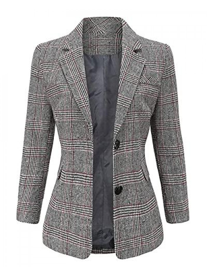 Women's Notch Lapel 2 Button Boyfriend Blazer Suit Houndstooth Plaid Jacket Coat 