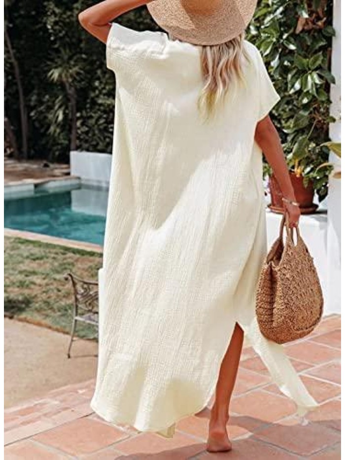 Womens Casual Short Sleeve Side Split Button Down Long Kimonos Cardigans Swimsuit Cover Ups 