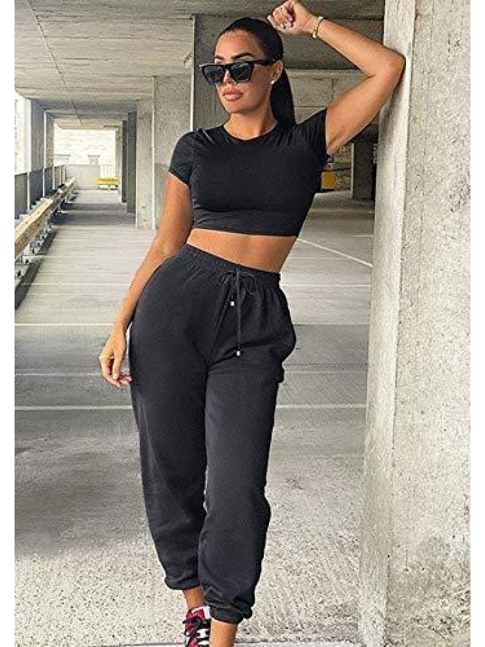 Cinch Bottom Sweatpants Pockets High Waist Sporty Gym Athletic Fit Jogger Pants Lounge Trousers 