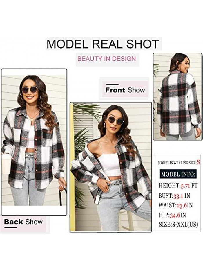Casual Plaid Brushed Flannel Button Down Pocketed Shirt Jacket Shackets Coats 