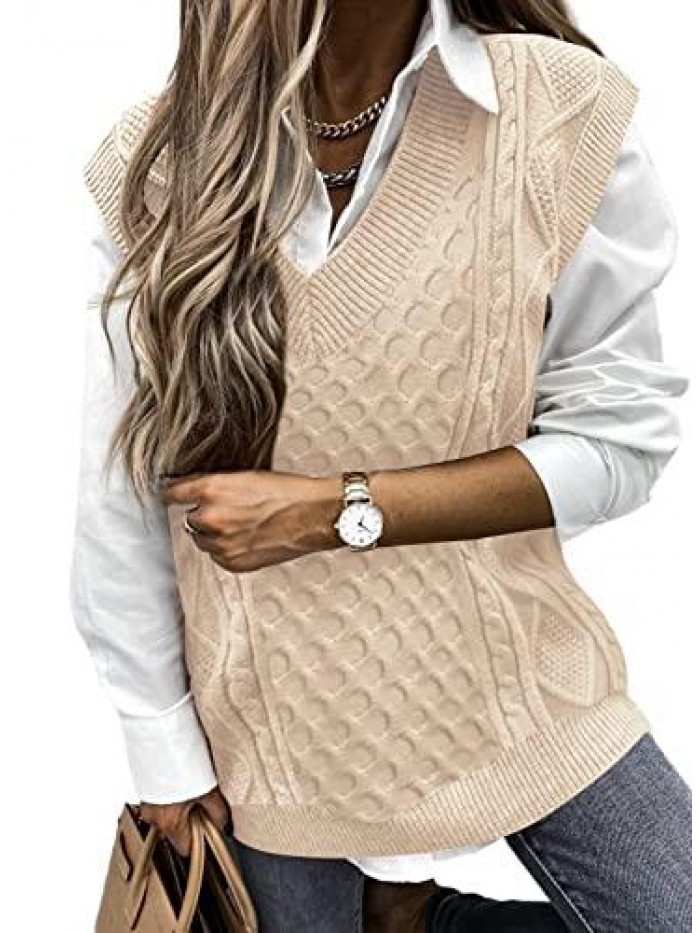 Women's Oversized Argyle Cropped Sweater Vest Sleeveless V Neck Casual Cable Knitted Loose Pullover Tops 