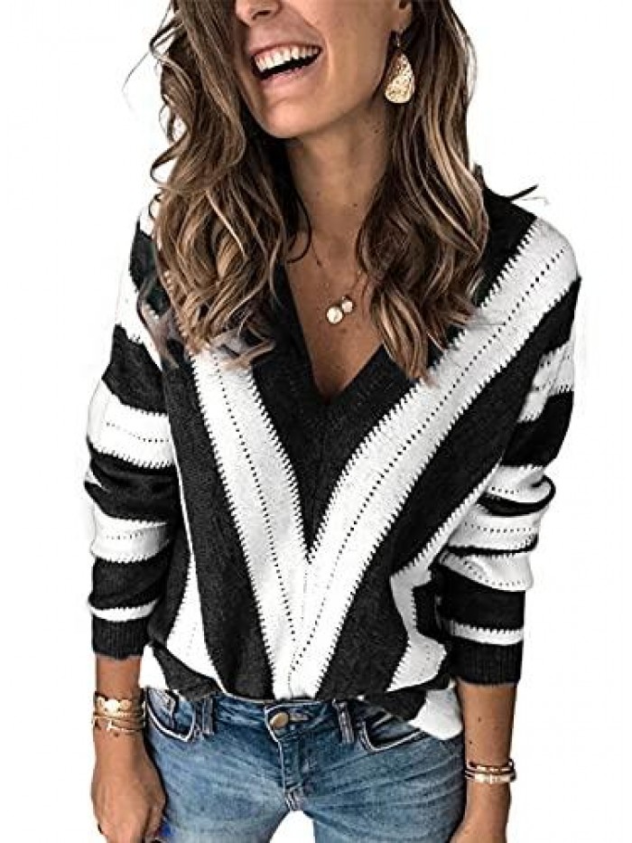 Womens Long Sleeve Deep V Neck Hand Knit Striped Sweater Tops Loose Pullover Sweaters 
