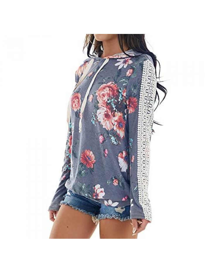 Hoodies for Women Aesthetic Floral Print Shirts Casual Long Sleeve Sweatshirt Lace Patchwork Loose Fit Tops 