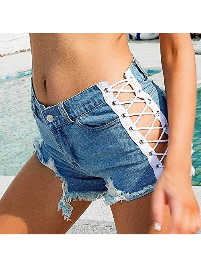 Women's Ripped Frayed Raw Hem Denim Shorts Mid Rise Casual Summer Bermuda Shorts Side Lace Up Sexy Club Short Jeans 