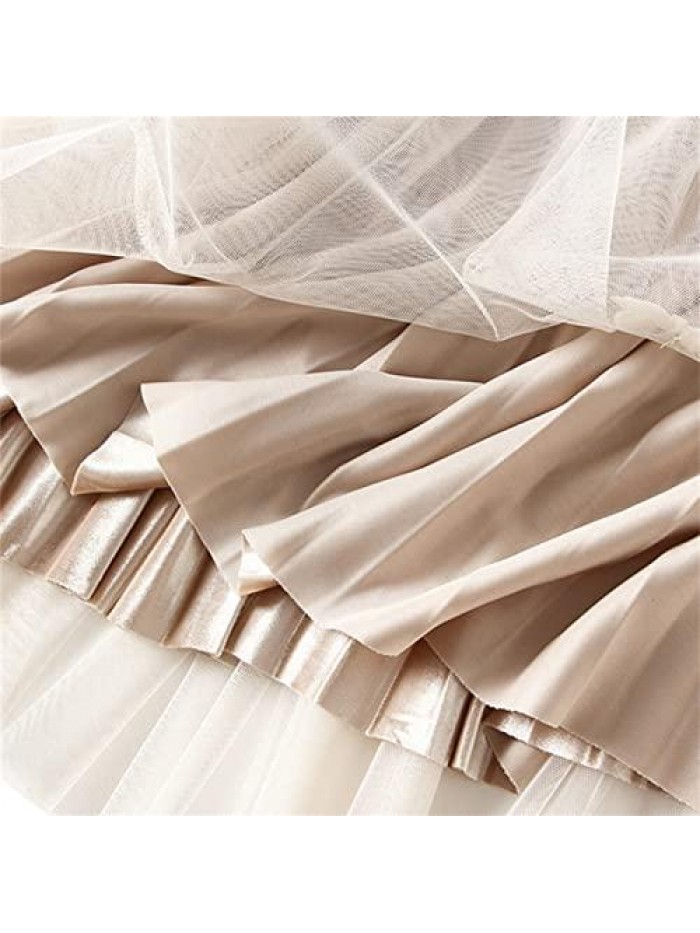 Tulle Tutu Skirt Elastic High Waist Layered Mesh Skirt Reversible Pleated A-Line Midi Skirt 