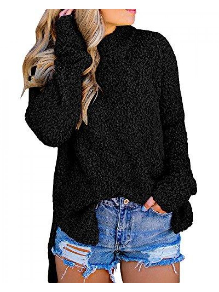 Womens Fuzzy Knitted Sweater Sherpa Fleece Side Slit Full Sleeve Jumper Outwears  