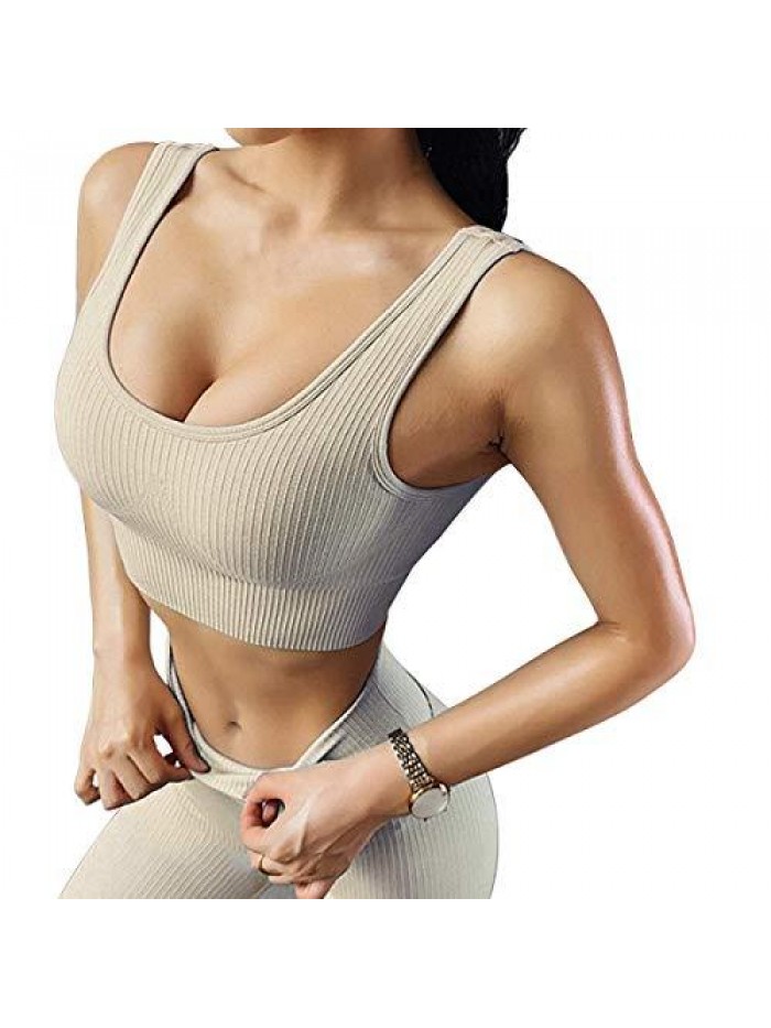 Exercise Outfits for Women 2 Pieces Ribbed Seamless Yoga Outfits Sports Bra and Leggings Set Tracksuits 2 Piece 