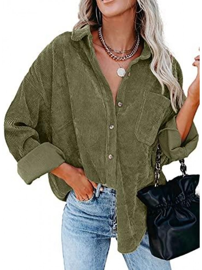 Women's Corduroy Shirt Long Sleeve Button Down Blouse Casual Oversized Jacket with Pocket 