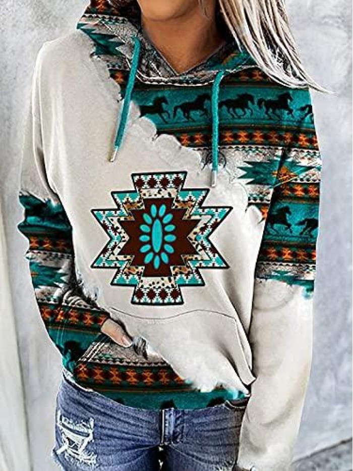 Aztec Hoodie Geometric Print Long Sleeve Shirt Cute Western T Shirt Horse Pullover Cowgirl Sweatshirts with Pockets 