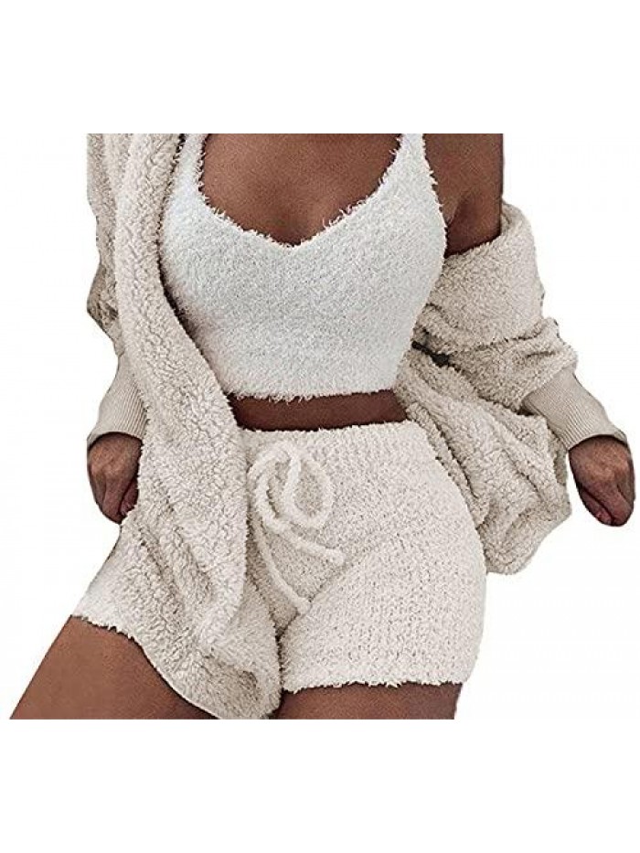 Womens Sexy 3 Piece Outfits Fuzzy Fleece Open Front Hooded Cardigan + Crop Top Shorts Set Loungewear 