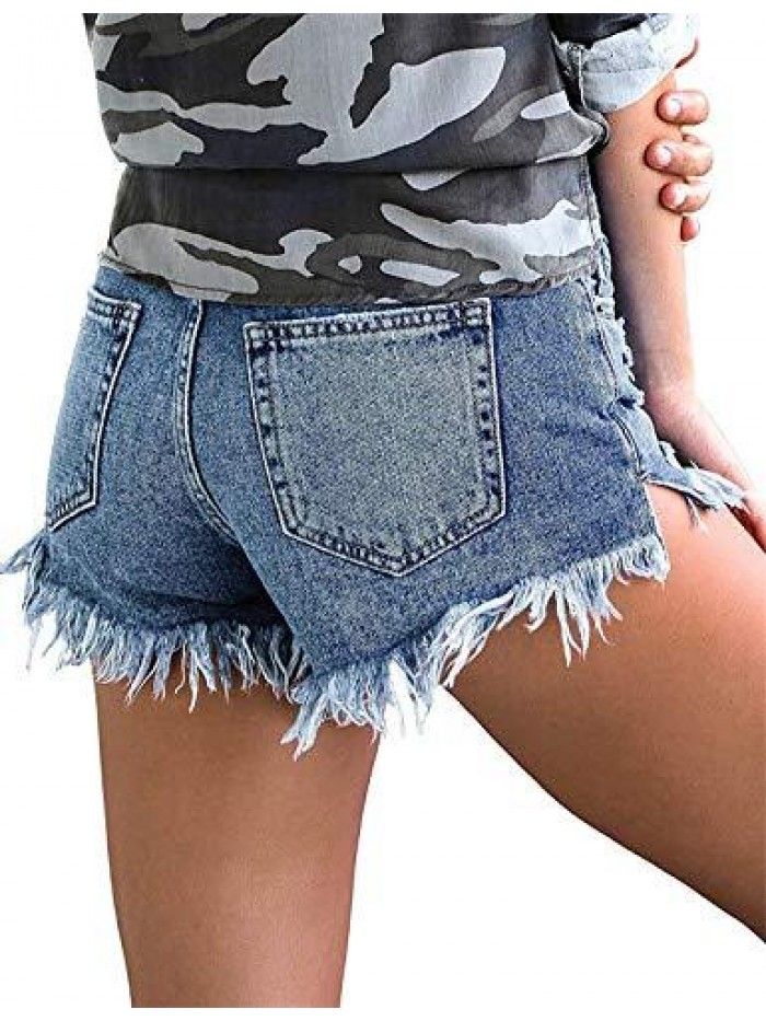 Cut Off Denim Shorts for Women Frayed Distressed Jean Short Cute Mid Rise Ripped Hot Shorts Comfy Stretchy 