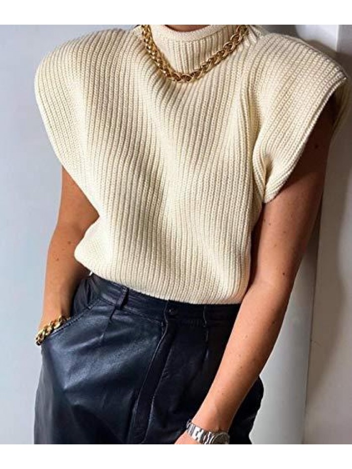 Women’s Knit Sweater Vest Turtleneck Sleeveless Knitted Tank Tops Shoulder Pads Fall Winter Knitwear Shirts Streetwear 