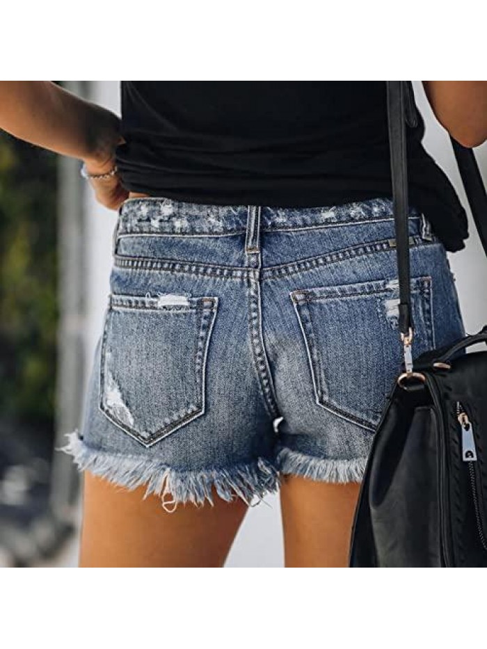Low Rise Short Jeans Summer Soft Comfy Stretchy Button Ripped Frayed Distressed Casual Denim Shorts Hot Pants 