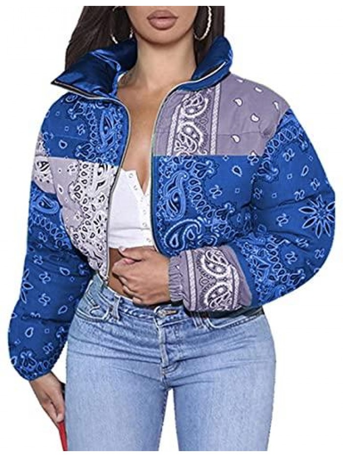 Women's Winter Warm Bandana Print Puffer Cropped Jacket Bubble Short Coat 