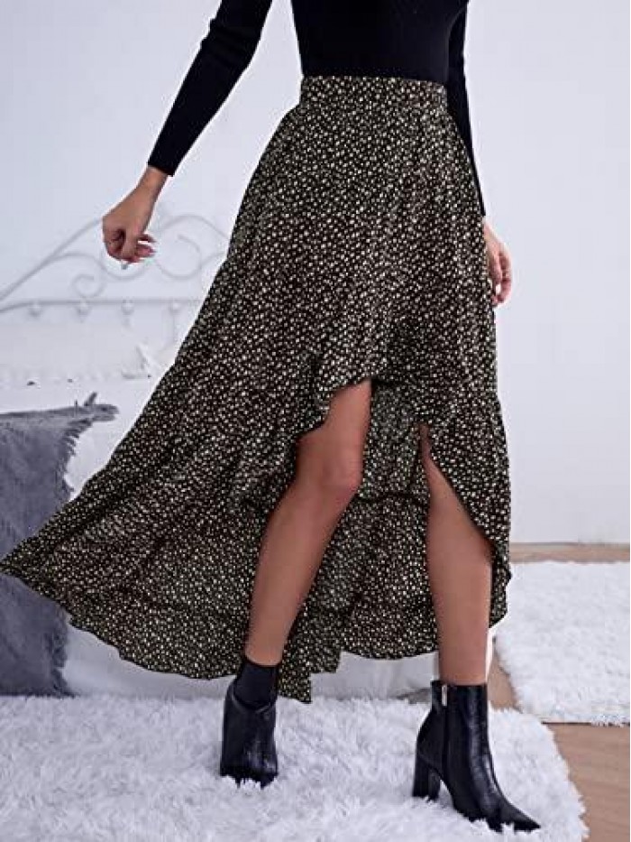 Women's High Low Ruffle Trim Casual Dalmatian Print High Waist Maxi Skirt 