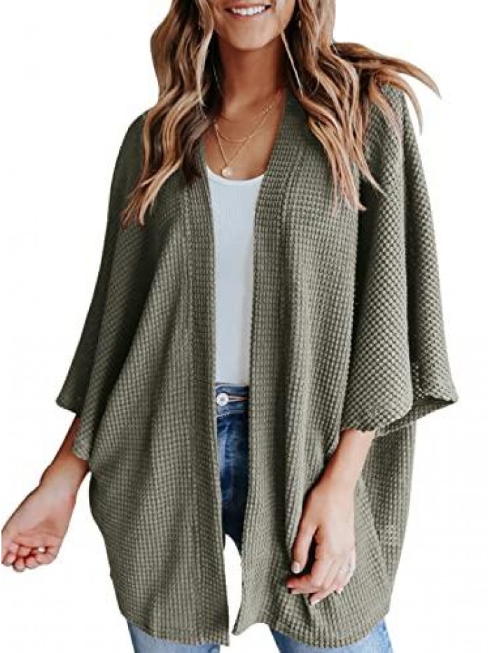Women's Lightweight Kimono Cardigan Sweaters 3/4 Batwing Sleeve Waffle Knit Open Front Cover Up 