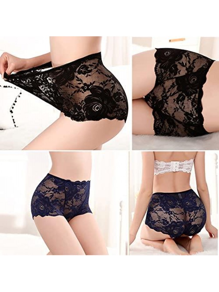 Women's Underwear High Waisted Cotton Underpants Seamless Breathable Briefs Stretch Sexy Lace Panties 5pack 