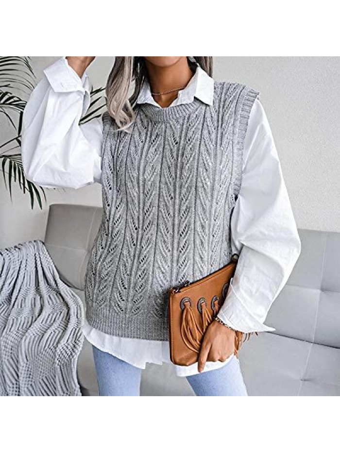 Women Knit Sweater Vest with Shirt Crewneck Hollow Trendy Solid Color Sweater Vest Fashion Casual Sleeveless Vest Top 
