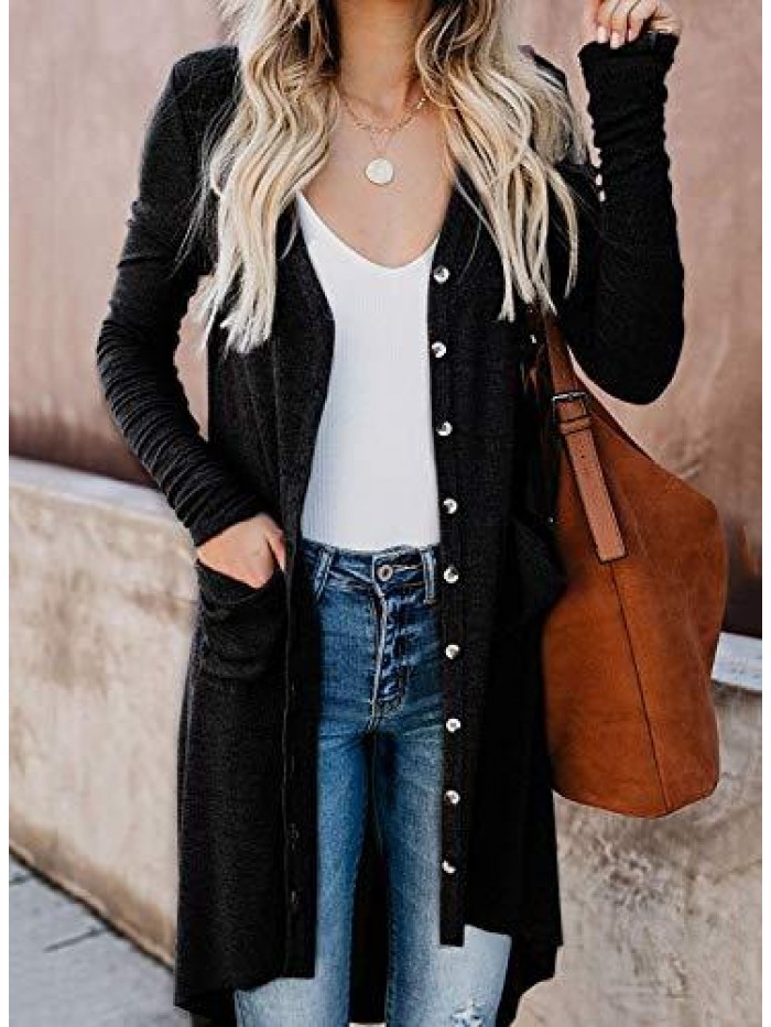 Women's Long Cardigans Button Down High Low Solid Knit Loose Cardigans with Pockets 