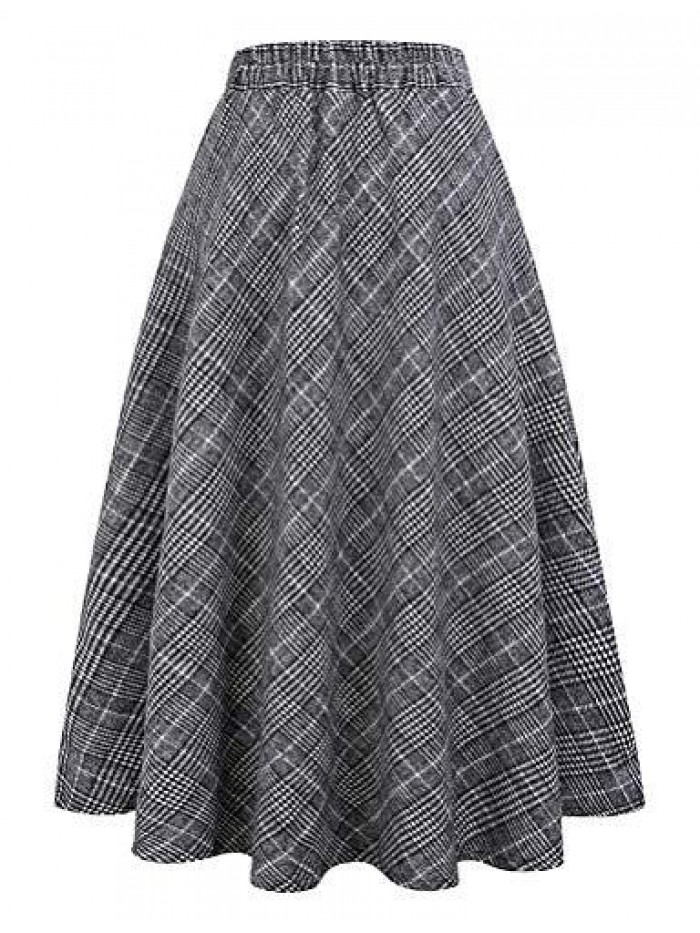Womens Plaid Wool Skirts Elastic Waist A-Line Pleated Tartan Long Skirts 