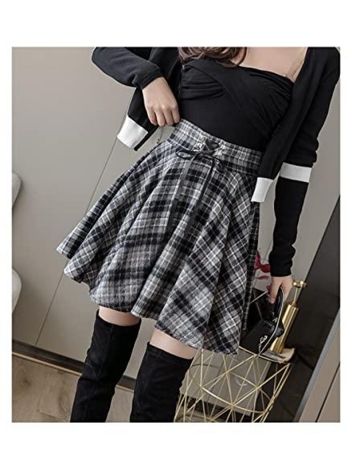 High Waisted Short A-line Flare Gothic Mini Black Red Plaid Pleated Skirt Dress 