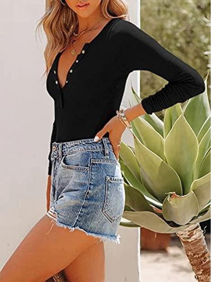 Women's Sexy V Neck Long Sleeve Tops Ribbed Button Down Leotards Bodysuit Jumpsuit 