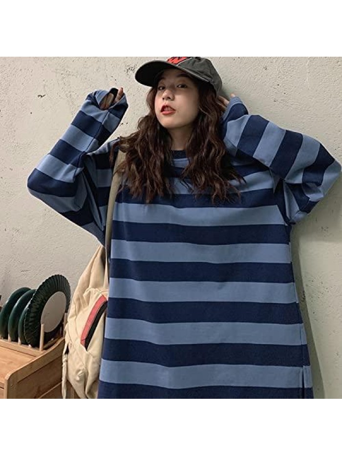 Harajuku Oversized Stripe Casual Long Sleeves Crewneck T-Shirt Tee Tops 