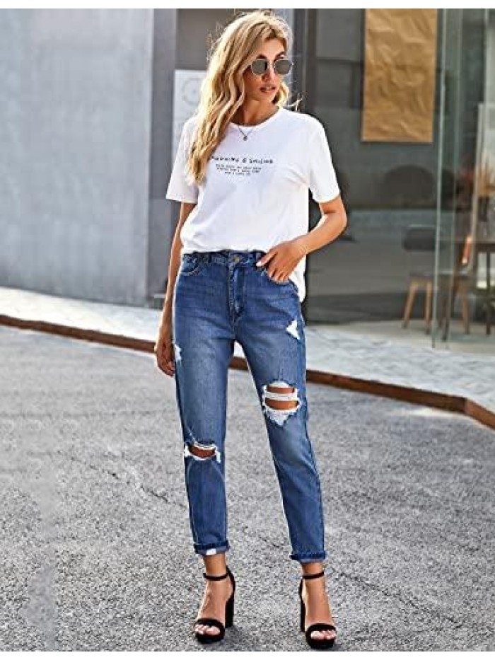 Women's Casual High Waisted Mom Jeans Ripped Stretchy Tapered Denim Pants 