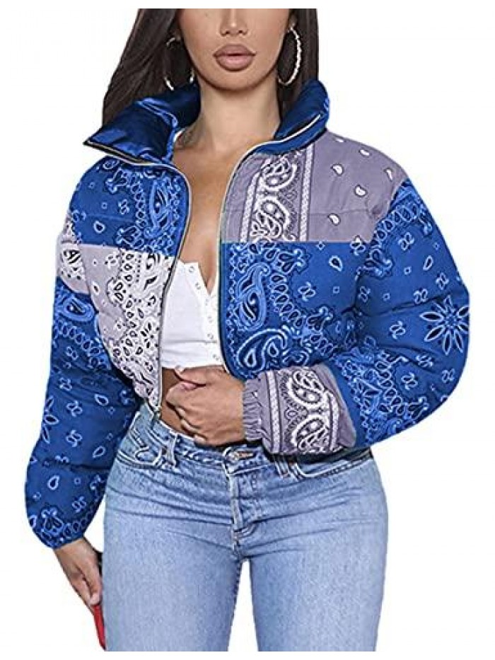 Women's Bandana Print Crop Puffer Jacket Stand Collar Long Sleeve Bubble Coat 
