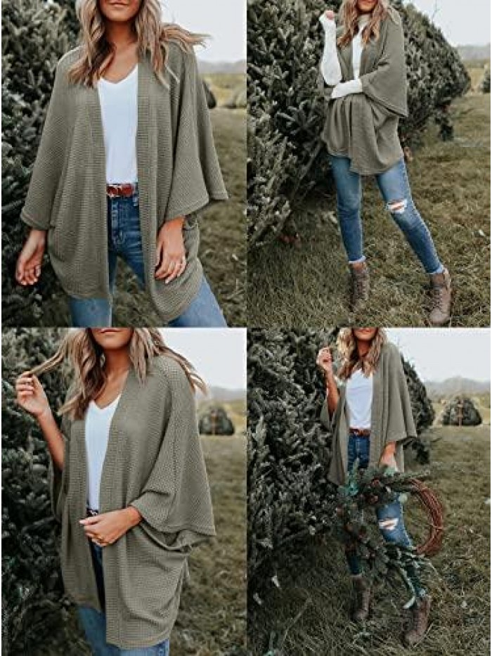 Women's Lightweight Kimono Cardigan Sweaters 3/4 Batwing Sleeve Waffle Knit Open Front Cover Up 
