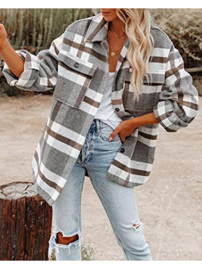 Brushed Plaid Shirts Flannel Shacket Long Sleeve Button Down Casual Jacket Coats with Pockets 