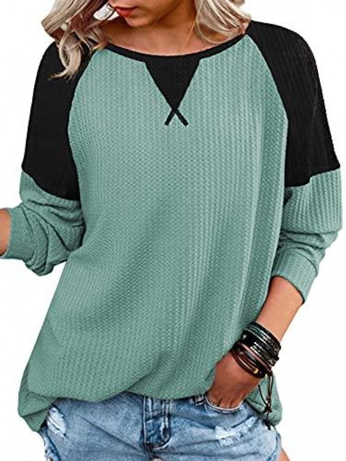 Waffle Knit Pullover Sweaters Color Block Crew Neck Long Sleeve Casual Jumper Tops 