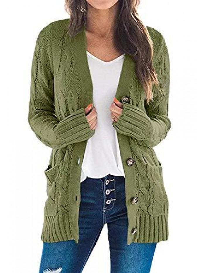 Women’s Long Sleeve Open Front Knitted Cardigan Sweater Button Down Chunky Outwear Coat 