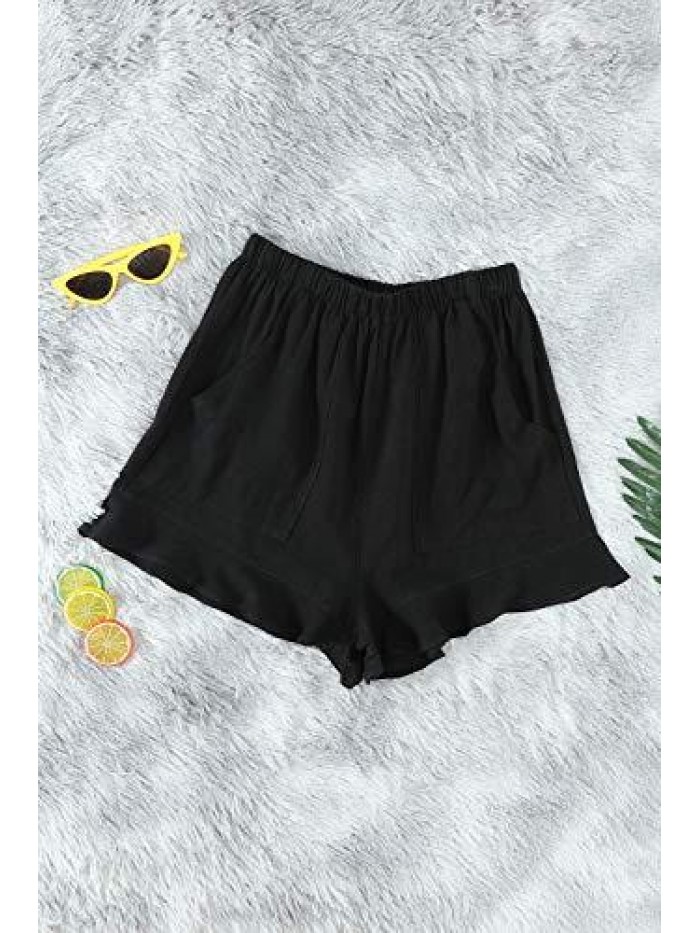 Womens Elastic Waist Side Pockets Ruffle Linen Shorts Summer Casual Size S-XL 