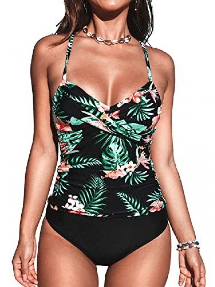 Women Wrapped Tankini Swimsuit Crisscross Back Ruched Tropical Bathing Suit with Adjustable Spaghetti Straps 